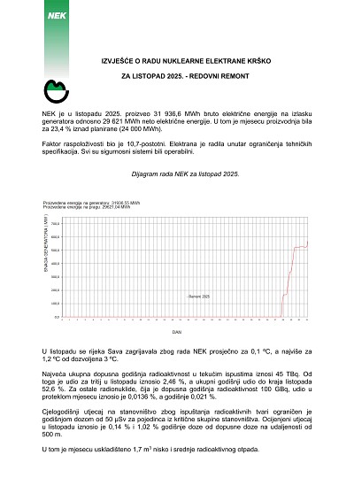 Izvješće o radu NEK-a za listopad 2025.
